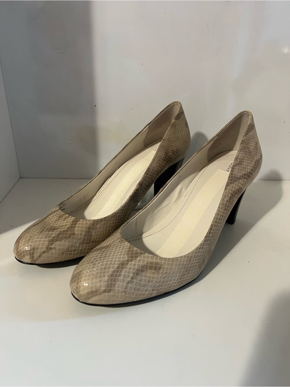 Calvin Klein Beige Snake-Print Mid Heel Pumps